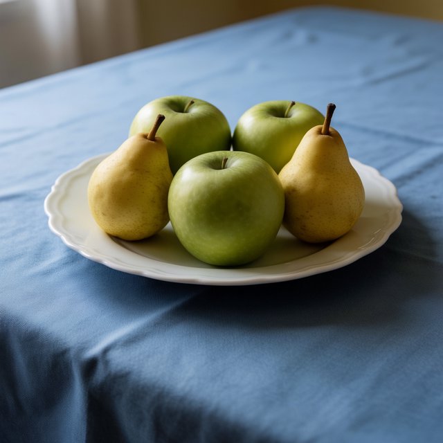 Exactly three green apples and two yellow pears on a white plate, the plate on a blue tablecloth, nothing else on the table. — Krea 2 Medium