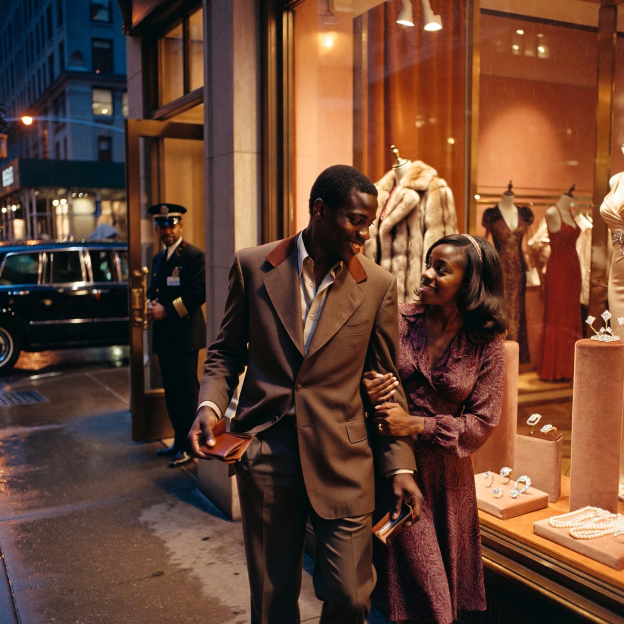 Cinematic city scene at night, with the glamour of 1970s soul romance. In the foreground, a young Black man in a modest brown wide-lapel suit smiles at his adult beloved, playfully turning out his empty trouser pocket while holding an almost-empty wallet. His adult girlfriend wears a burgundy patterned dress and delicate hairband; she holds his arm and gazes at him lovingly, unconcerned by his lack of money. Beside them, a grand department-store window glows amber, displaying a luxurious fur coat, regal evening gown, diamond rings and strings of pearls. In the glass, their reflections appear elegantly dressed, hinting at the lavish life he dreams of giving her. A polished black limousine waits at the curb beside a uniformed chauffeur. Wet pavement mirrors golden lights; deep blue city buildings balance the amber, cream and burgundy palette. Warm, joyful, sincere mood; realistic faces and hands, detailed fabrics and reflections. No text, borders or collage. — ImagineArt 2
