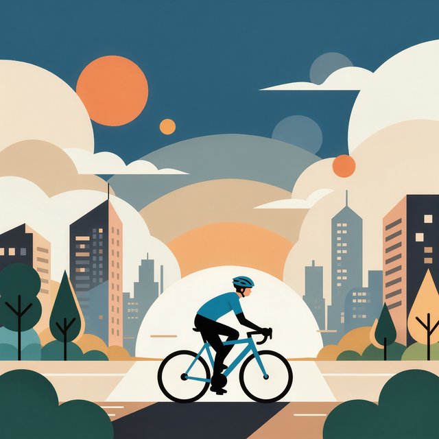 Flat vector illustration of a cyclist commuting through a city at sunrise, limited palette of five colours, geometric shapes. — Kling v3 Omni