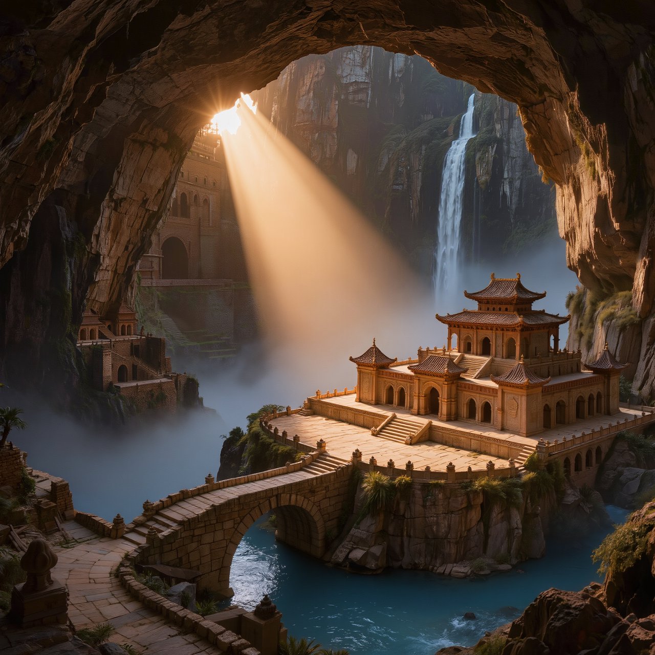An ancient city carved inside a hollow mountain glows with windowlight, its terraced bridges spanning a blue-lit cavern while mineral mist rises around distant waterfalls and a narrow beam of sunrise reaches the deepest plaza. — Kling v3