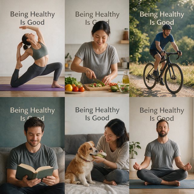 An image relating to good health and happiness. The words “Being Healthy Is Good” appear in the background at least a couple of times. 4–7 moments. — Seedream 5.0 Pro