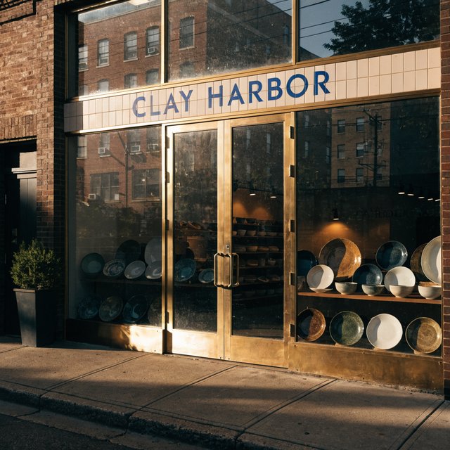 A sunlit ceramicist's studio storefront displays glazed bowls behind dusty glass doors; "CLAY HARBOR" is printed in cobalt-blue block letters across a cream tile transom above the entrance, with kiln warmth glowing inside. — Recraft v4