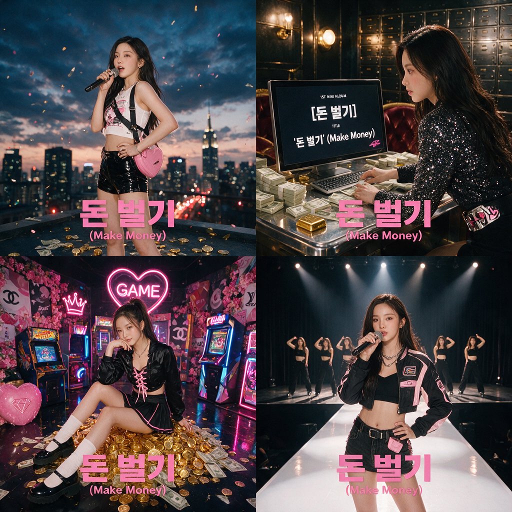 A pretty K-pop idol who is 19–21 years old at a music video shoot. The music video is for her hit song "돈 벌기" (Make Money). The setting of the music video relates to the song name. At least 4 scenes and many angles. — Seedream 5.0 Pro