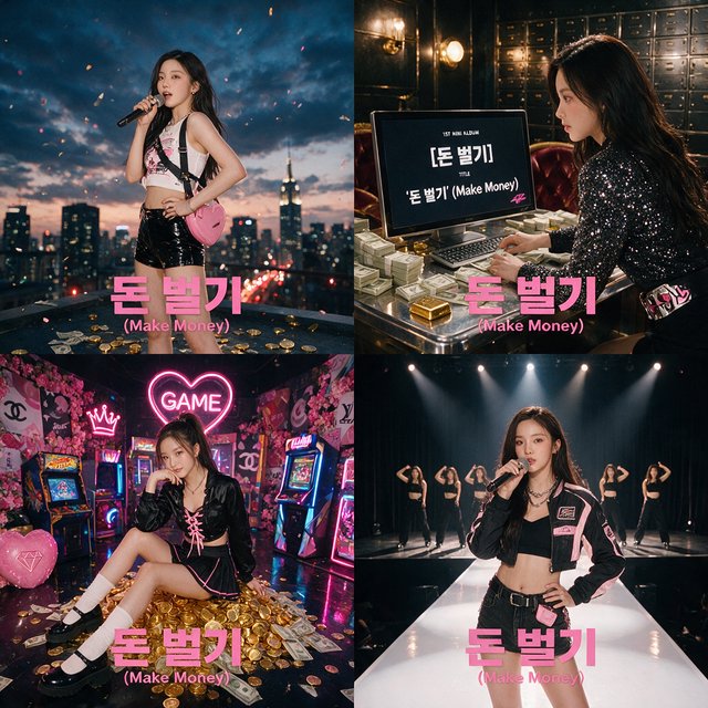 A pretty K-pop idol who is 19–21 years old at a music video shoot. The music video is for her hit song "돈 벌기" (Make Money). The setting of the music video relates to the song name. At least 4 scenes and many angles. — Seedream 5.0 Pro