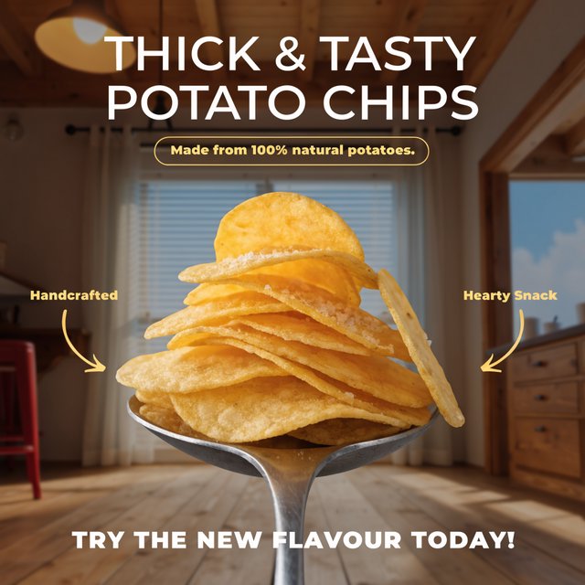 A creative promotional poster for potato chips featuring a forced perspective effect. — Recraft v4