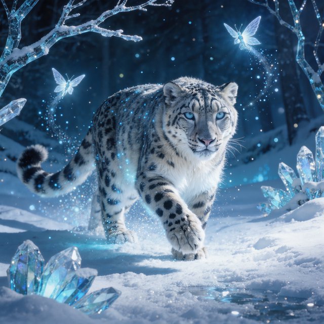 A majestic snow leopard, its fur shimmering with an internal bioluminescent glow, stalks through a frozen, enchanted forest. Crystalline trees with glowing, frost-covered leaves create a magical winter wonderland. Tiny, winged sprites flit between the branches, leaving trails of stardust. The image should capture the essence of a fairytale winter scene with a touch of photorealism, emphasizing the mystical light and the creature's ethereal presence. — Model 10