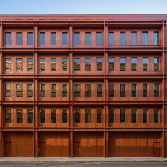 Exterior of a Chicago School office tower, with a visible steel-frame grid, warm terra-cotta cladding, broad rectangular windows, and a flat roofline; clear afternoon light, viewed from across a city street, with precise verticals and believable construction. — Kling v3 Omni