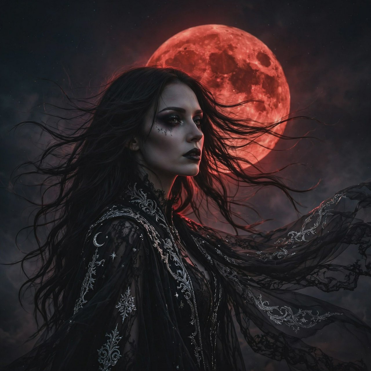 Captivating gothic goddess silhouetted against a blood red moon. Long dark hair blowing in a gentle breeze. Dramatic make-up. Ethereal black garment with silver details billowing in the breeze. Pensive expression. — Muse Image 1.0