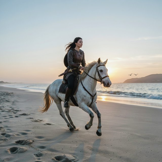 An adult female warrior on her white steed galloping along a fine-sand beach at sunset. — Ideogram v4