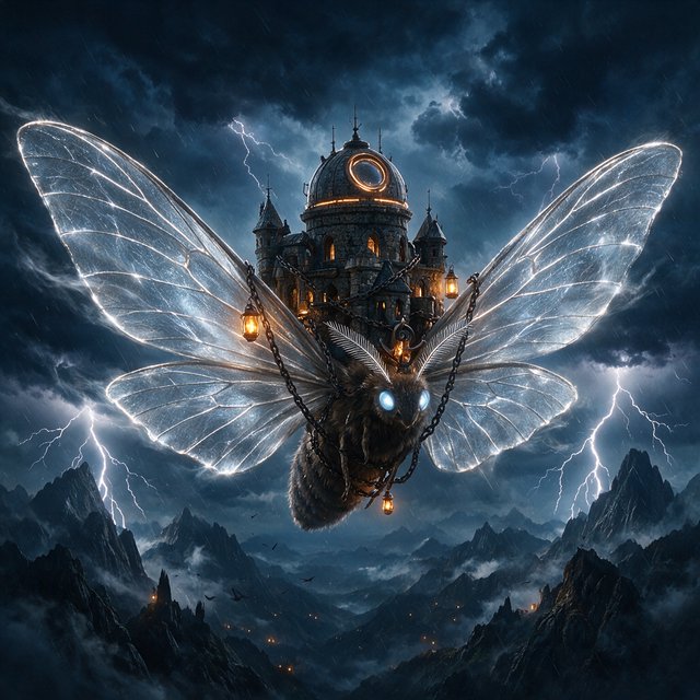 A colossal moon-moth creature glides above a stormy mountain range, its translucent wings glowing with silver veins and carrying a ruined observatory on its back. Lightning silhouettes distant peaks while amber lanterns shimmer through rain and cloud. — Seedream 5.0 Pro
