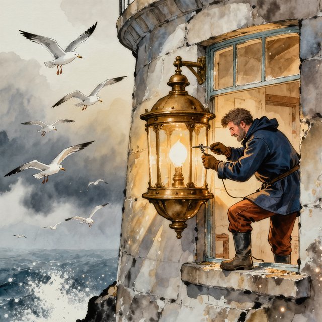 Ink-and-watercolour illustration of an adult lighthouse keeper repairing a brass lantern inside a windswept cliff tower, gulls circling beyond the window and sea spray glowing below. Palette of navy, rust, seafoam, and warm ivory, with expressive linework. — Kling v3 Omni