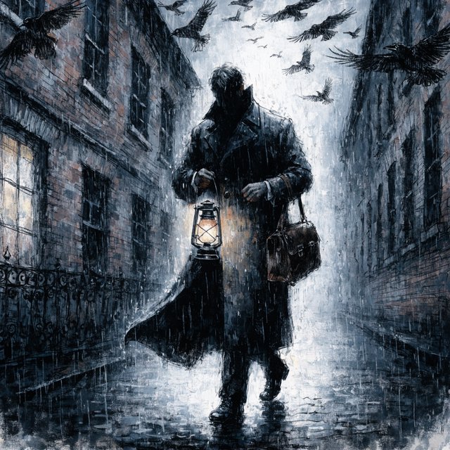 Walking in a dream, with ravens scribbled along the edges, a doctor on a house call — Recraft v4