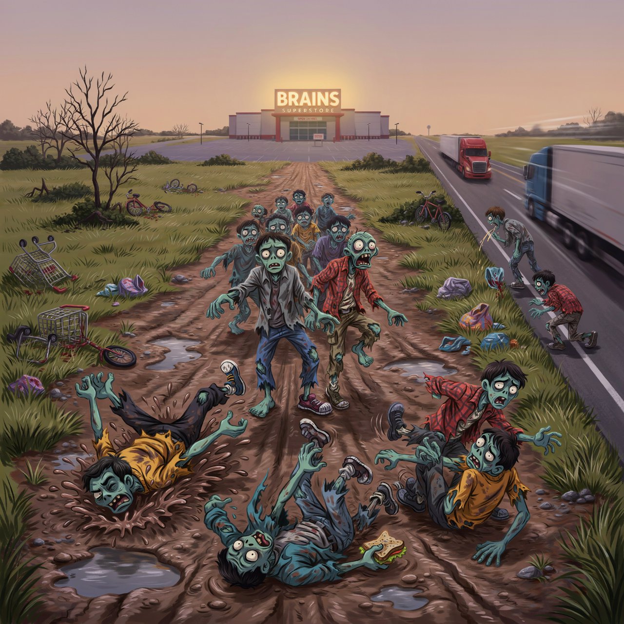 Several weird-looking zombies, some cross-eyed and some wide-eyed, are heading towards a superstore far ahead named "Brains". The superstore is located beside a highway with some trucks driving along it. The zombies are on a rural road connecting to the highway. There are patches of mud in one place on the rural road. The zombies are slipping on the mud and falling—some on their faces, some on their backs, and some on top of other zombies. A couple of fallen zombies are crawling up to the highway, where speeding trucks are passing by. Make it dramatic but funny. — Ideogram v4