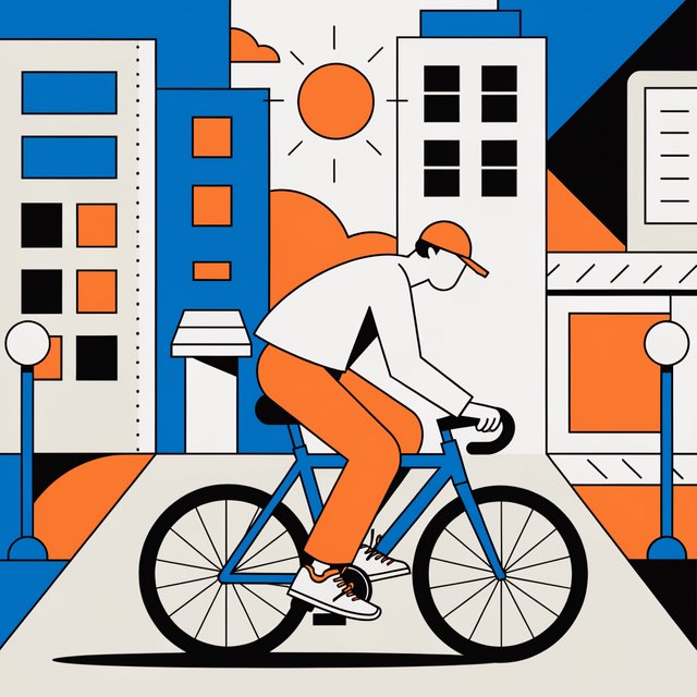 Flat vector illustration of a cyclist commuting through a city at sunrise, limited palette of five colours, geometric shapes. — Recraft v4