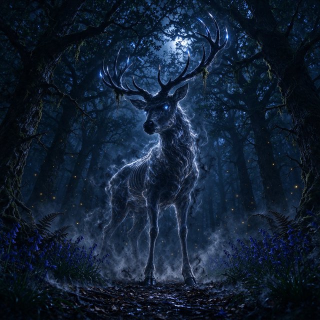 Low-angle wide shot, ancient overgrown oak forest at midnight: a colossal ghost stag looms, its semi-transparent form woven from swirling inky mist threaded with liquid silver moonlight. Polished obsidian antlers cut through shadow, jagged edges catching faint starlight, moss dangling from their points. Heavy hooves press into the loamy forest floor, wild bluebells and ferns curling black and crumbling to ash beneath each step. Hundreds of faint gold fireflies drift slowly through thick volumetric fog, their glows diffused in the haze. Deep indigo and charcoal color palette, somber quiet dread, atmospheric dark fantasy aesthetic, soft dappled moonlight filtering through a gnarled canopy, cinematic depth of field, sharp fine edges on the stag's antlers and decaying foliage. — Seedream 5.0 Flash