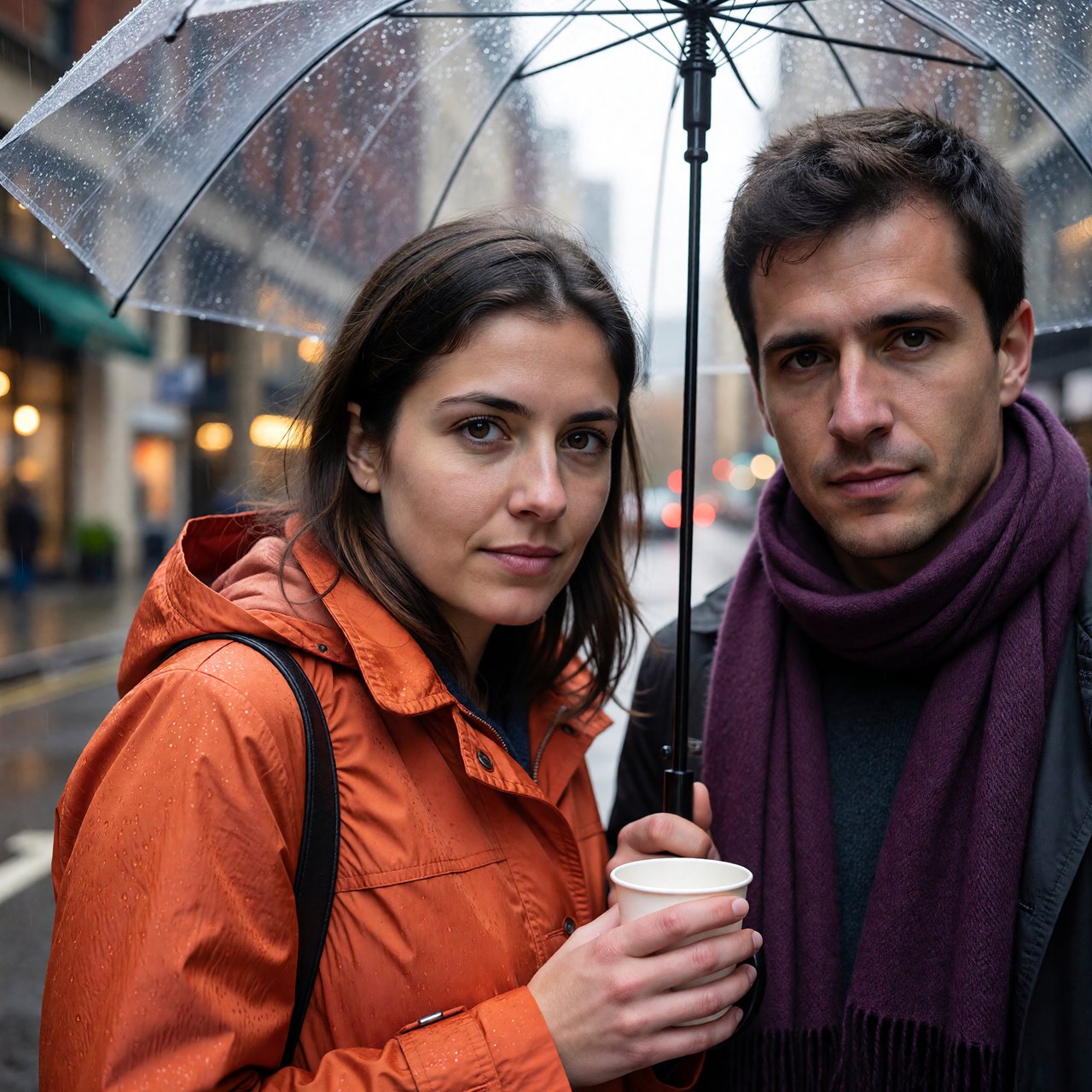 A man with a purple scarf holding a transparent umbrella, standing to the right of a woman in an orange raincoat who holds a paper cup, both facing the camera. — ImagineArt 1.5 Pro