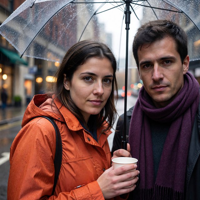 A man with a purple scarf holding a transparent umbrella, standing to the right of a woman in an orange raincoat who holds a paper cup, both facing the camera. — ImagineArt 1.5 Pro