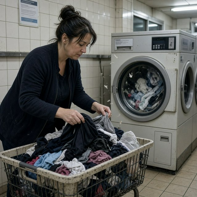 Candid documentary photograph of an adult woman sorting clothes in a self-service laundromat, cool fluorescent light, 35mm lens with moderate depth of field, loose lint suspended above a tumbling machine, worn baskets and tiled walls rendered naturally. — Grok Imagine Image 2