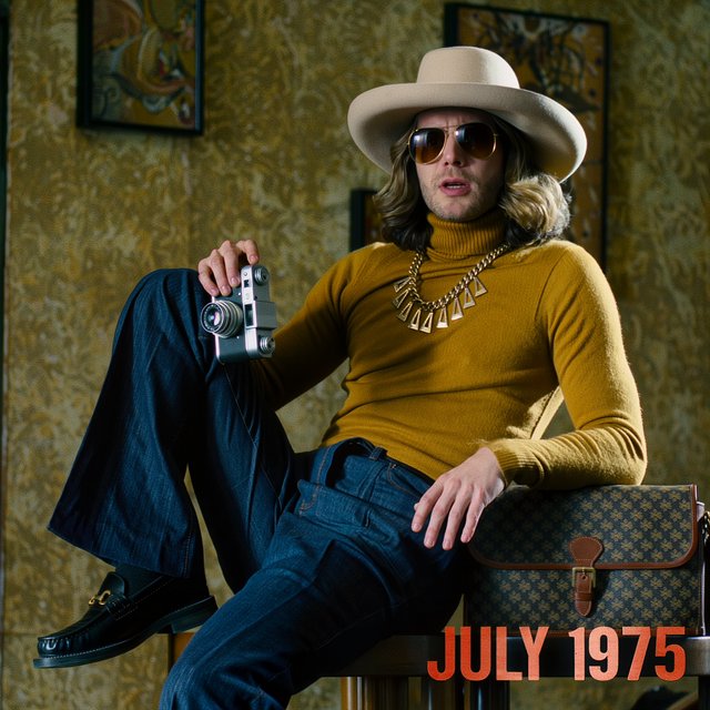 Create an image of a man in the quintessential style of 1975. Style his hair, clothing, accessories, and surroundings to reflect the distinctive look of the mid-1970s—featuring bold silhouettes, eye-catching accessories, layered details, and characteristic colors and textures. Give the image the feel of an authentic 1975 photograph, complete with analog film grain, faded colors, direct flash lighting, and a slight soft-focus effect. Add a period-accurate, red-orange date stamp in a 1970s style in one of the bottom corners. No recognizable posters. No modern objects or text. — Kling v3