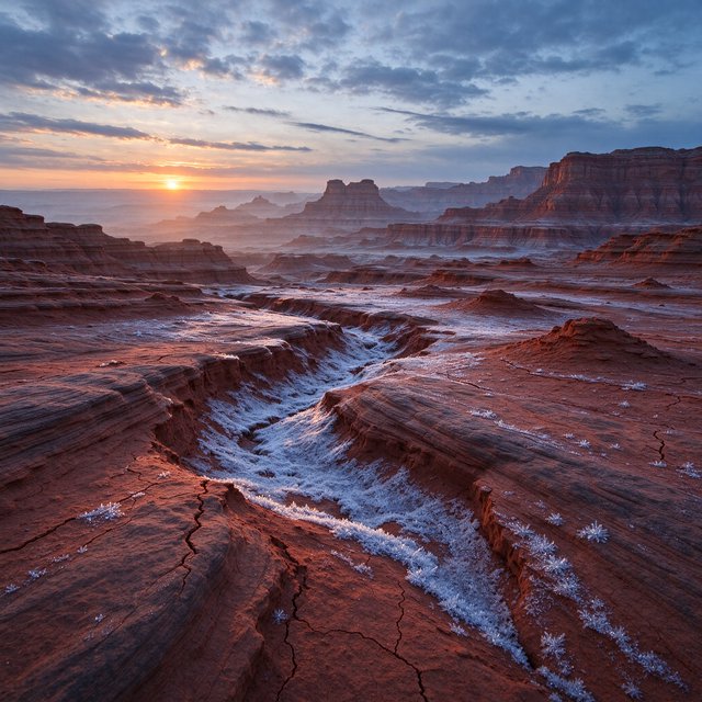 A red-sandstone badlands plateau beneath clearing winter clouds at sunrise, overnight frost silvering the gullies; cracked clay and wind-smoothed rock lead the eye across layered mesas fading into pale distance. — Seedream 5.0 Flash