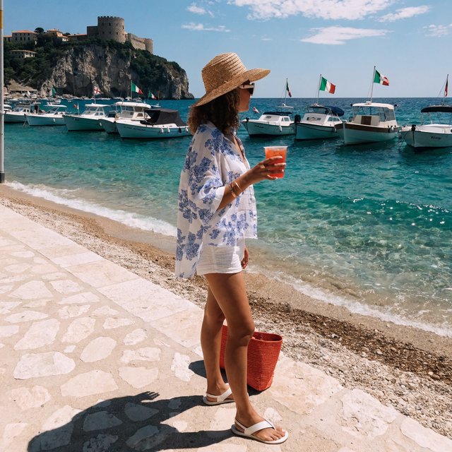 Authentic amateur photo of a beautiful adult woman standing at an Italian beach during vacation time. She wears appropriate clothing. It is noon. — Recraft v4 Pro