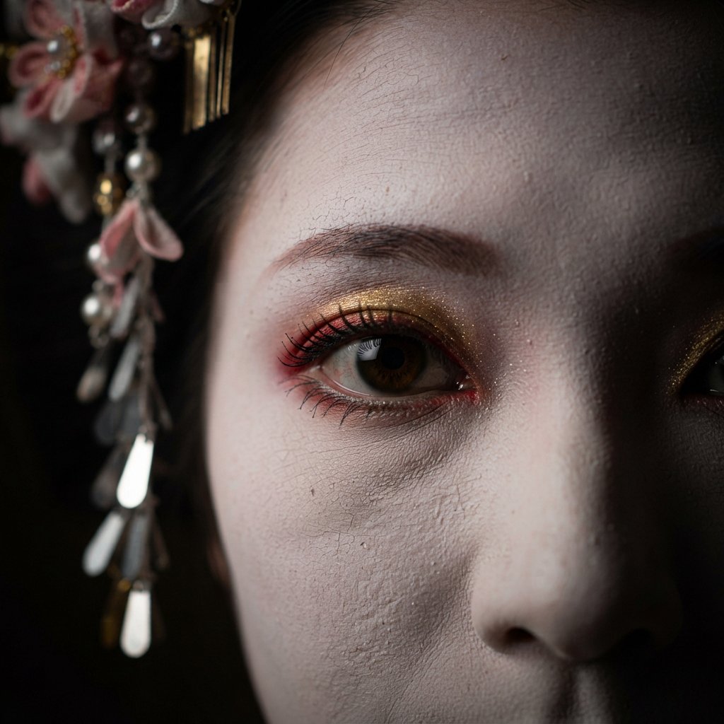 Extreme close-up macro photography of a Geisha's face. The focus is on her eyes, revealing intense emotion and hyper-realistic detail. Her skin is covered in traditional white 'Oshiroi' makeup, showing subtle, realistic cracking and skin texture. Dramatic Chiaroscuro lighting with deep shadows and a single soft light source highlighting the shimmer in her golden eyeshadow and the wetness of her eyes. Ornate kanzashi (hair ornaments) visible in the blurred periphery with intricate silk flowers and dangling silver petals. Cinematic composition, shot on 100mm macro lens, incredibly detailed eyelashes and iris patterns. — Nano Banana 2 Lite