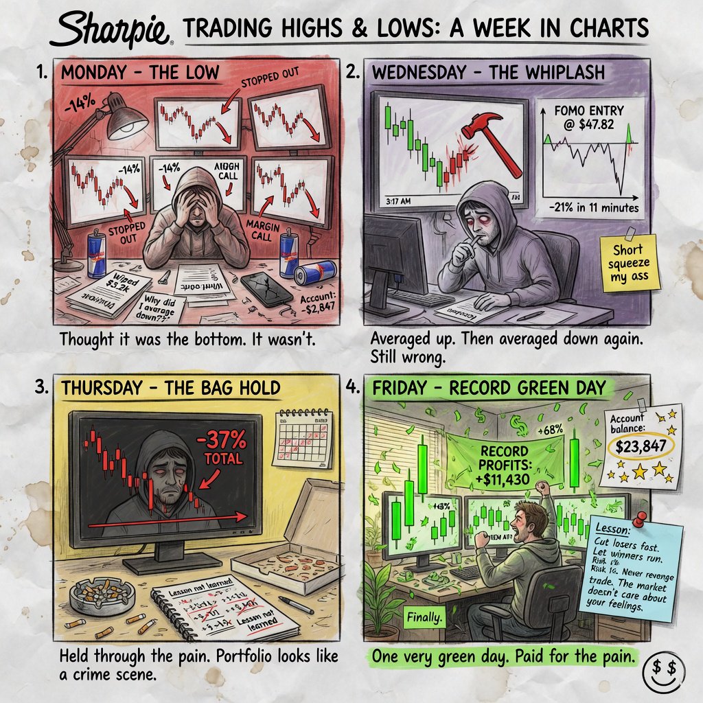 An image depicting the highs and lows of trading, in at least four panels. It ends with a very green day, record profits, and a lesson. — Grok Imagine Image Quality
