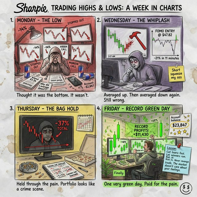 An image depicting the highs and lows of trading, in at least four panels. It ends with a very green day, record profits, and a lesson. — Model 6