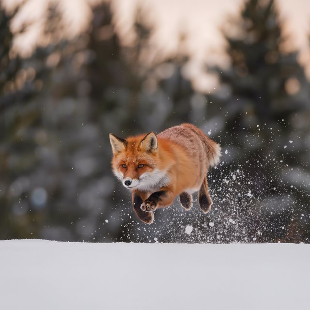 A red fox springs through powdery snow at the edge of a pine forest, ears forward and paws suspended. A real-world wildlife telephoto photograph in pale dawn light, 300mm lens, with snow crystals frozen midair. — Model 9