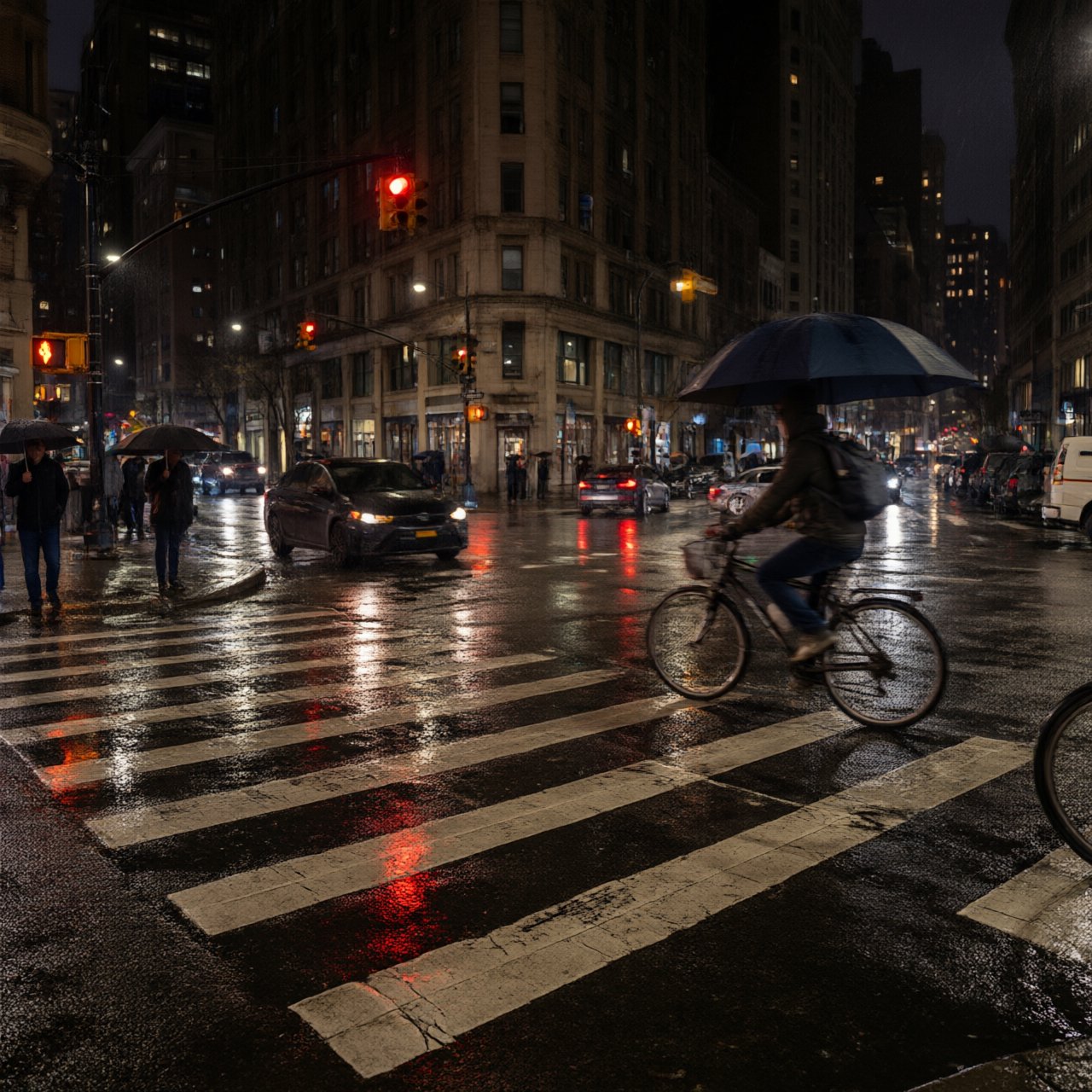 A rain-soaked city crosswalk at night seen from across the street, umbrellas, reflections of traffic lights on wet asphalt, slight motion blur on a passing cyclist. — Qwen Image 3.0