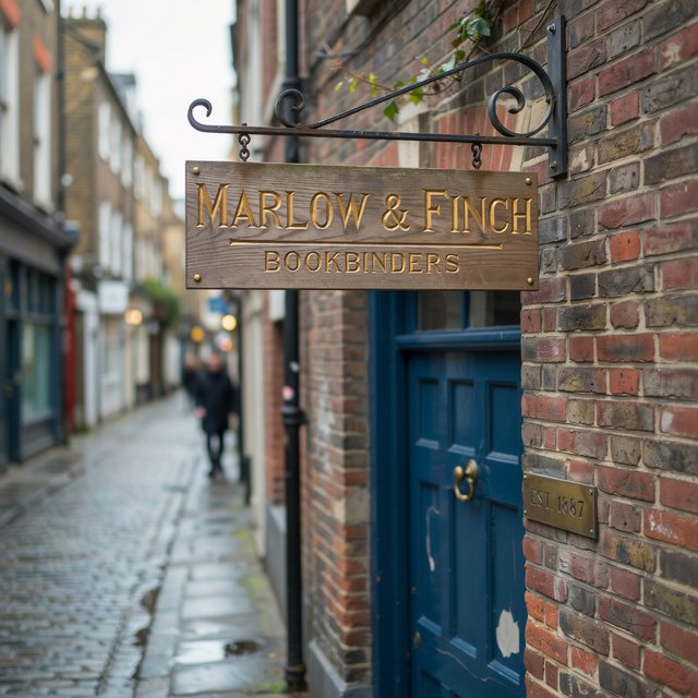 A hanging wooden shop sign that reads "MARLOW & FINCH — BOOKBINDERS" in gold serif letters, carved, above a blue door. — Ideogram v4