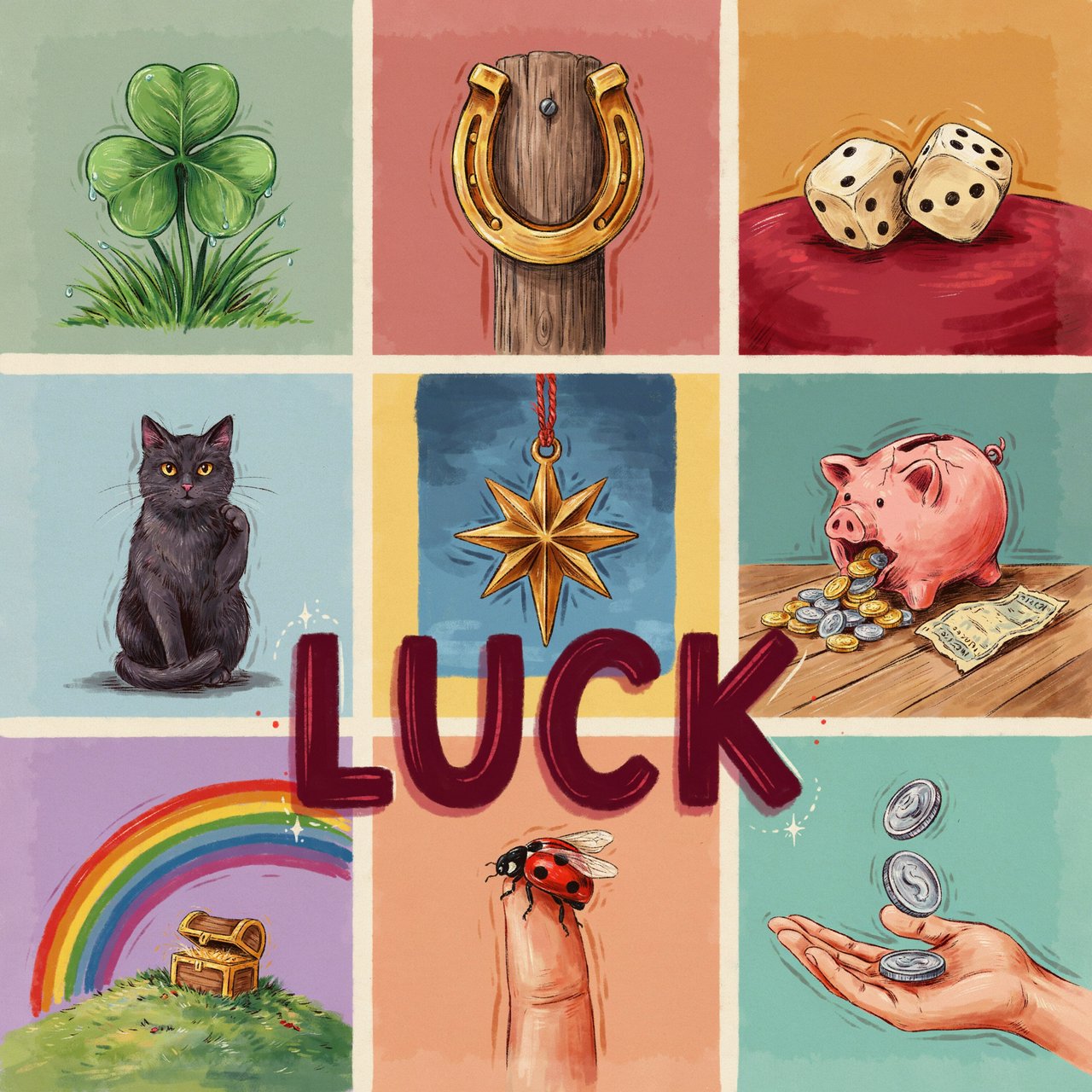 Many panels. Each panel represents an item, thing, creature, or scene that represents Luck. The word "Luck" appears at least once in the image. Be as creative as possible. — Ideogram v4