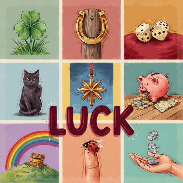 Many panels. Each panel represents an item, thing, creature, or scene that represents Luck. The word "Luck" appears at least once in the image. Be as creative as possible. — Ideogram v4