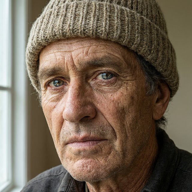 Close-up portrait of an elderly fisherman with deep wrinkles and a knitted cap, catchlights in the eyes, weathered skin texture, soft window light. — Qwen Image 3.0 Pro