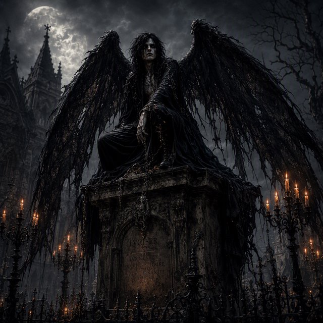 A majestic fallen angel with wings like a dark, tattered cloak, poses dramatically on a crumbling, Victorian-era inspired graveyard tomb, surrounded by twisted, black ironwork and flickering, orange candelabras, as if plucked from a haunting, nightmare. — GPT Image 2