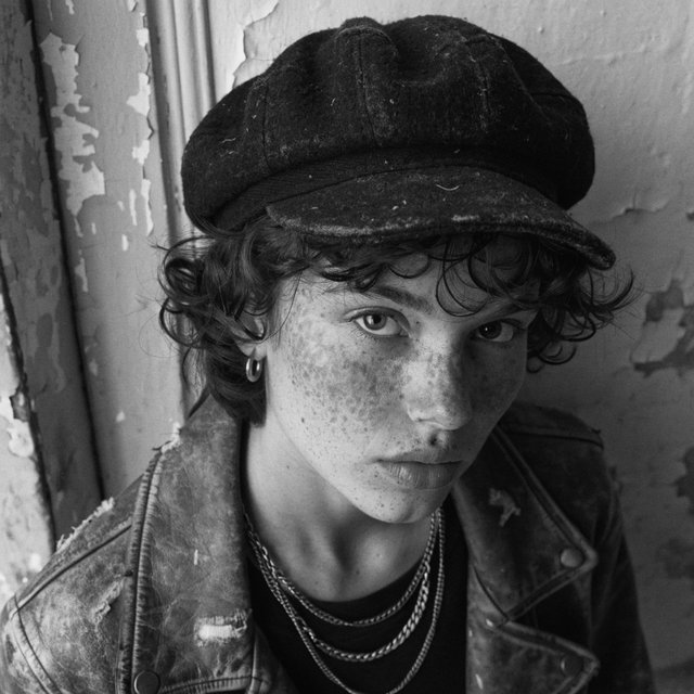 A monochrome, grainy, photorealistic medium close-up shot from a high angle: a young woman with messy, short curls, fair, freckled skin, and an intense, direct gaze into the camera. She is wearing a faded, worn-in black flat cap, a distressed vintage leather jacket over a dark undershirt, several thin silver chains, and a small hoop earring. Soft, diffused side lighting from the left casts gentle shadows across her face. In the background, a weathered wall with peeling plaster. Shallow depth of field, a moody, gritty film aesthetic, and sharp focus on the subject's eyes. — Recraft v4