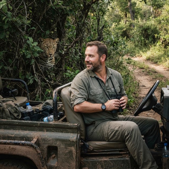 An adult on a jungle safari in his car, with a leopard lurking behind him in the bushes — Nano Banana 2 Lite