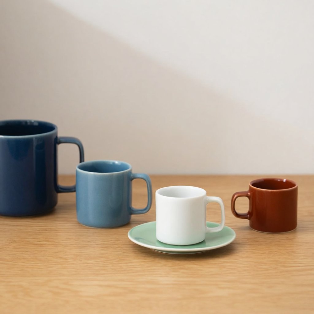 Exactly four ceramic mugs sit on a pale wooden shelf: two blue mugs on the left, one white mug in the center, and one red mug on the right. A green saucer is beneath the center mug, nothing else. — Krea 2 Medium