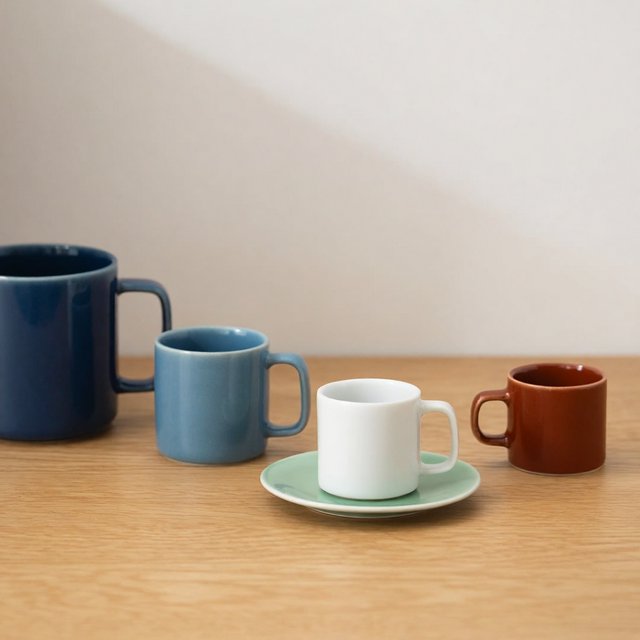 Exactly four ceramic mugs sit on a pale wooden shelf: two blue mugs on the left, one white mug in the center, and one red mug on the right. A green saucer is beneath the center mug, nothing else. — Krea 2 Medium
