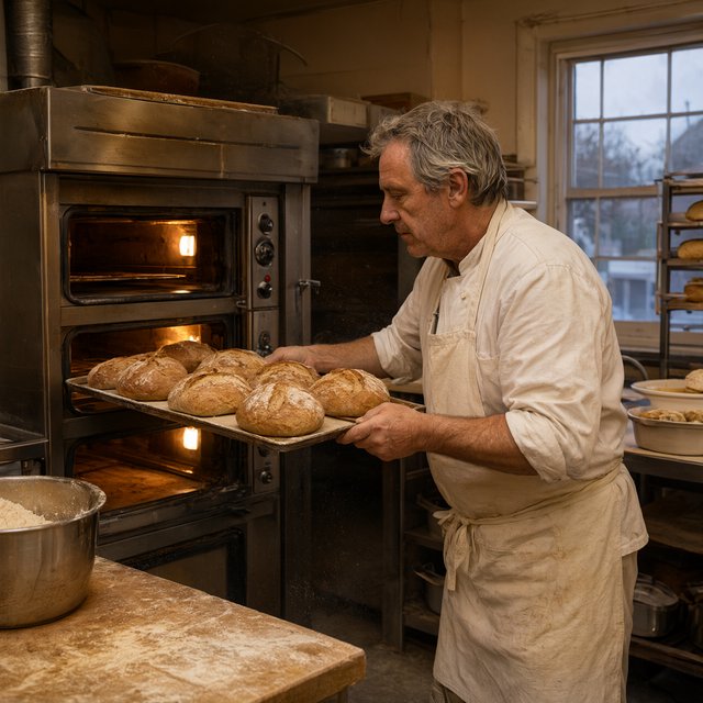 Candid documentary photograph of an adult baker sliding a tray of bread into a neighborhood bakery oven, warm oven glow mixing with gray dawn window light, 35mm lens with moderate depth of field, flour dust suspended above the workbench. — Qwen Image 3.0 Pro