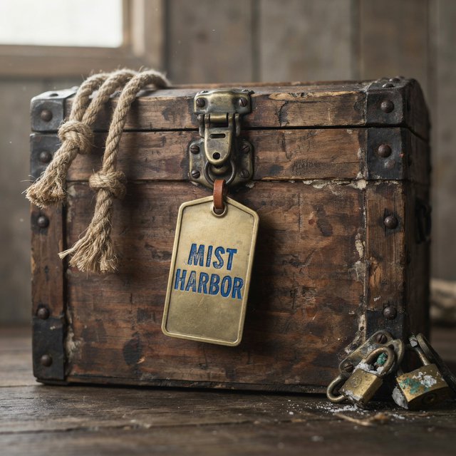 A brass luggage tag hangs from a weathered sea chest in a harbor loft, its face bearing “MIST HARBOR” in deeply stamped blue capitals; ropes and salt-crusted fittings surround it, with no other writing visible. — Ideogram v4.5