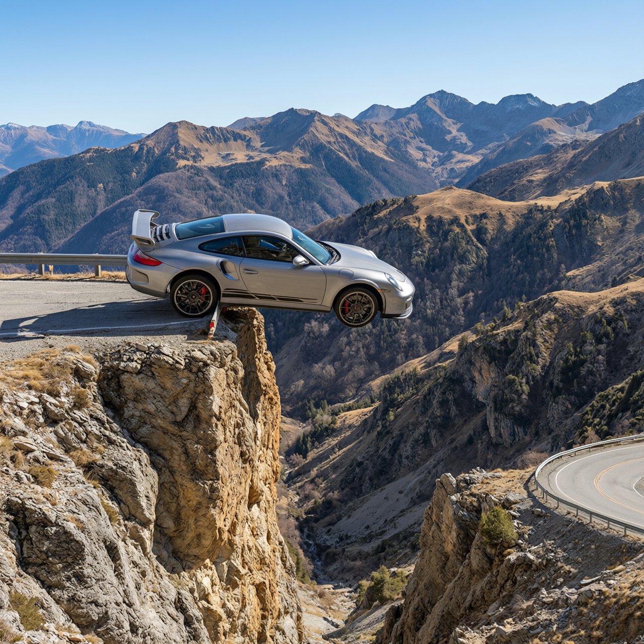 A sports car in a daredevil stunt has driven off a road from a high cliff, attempting to fly and land on the road on the next cliff. Beautiful mountainous background, sunny blue sky. Show motion, speed, and action. — Qwen Image 3.0 Pro