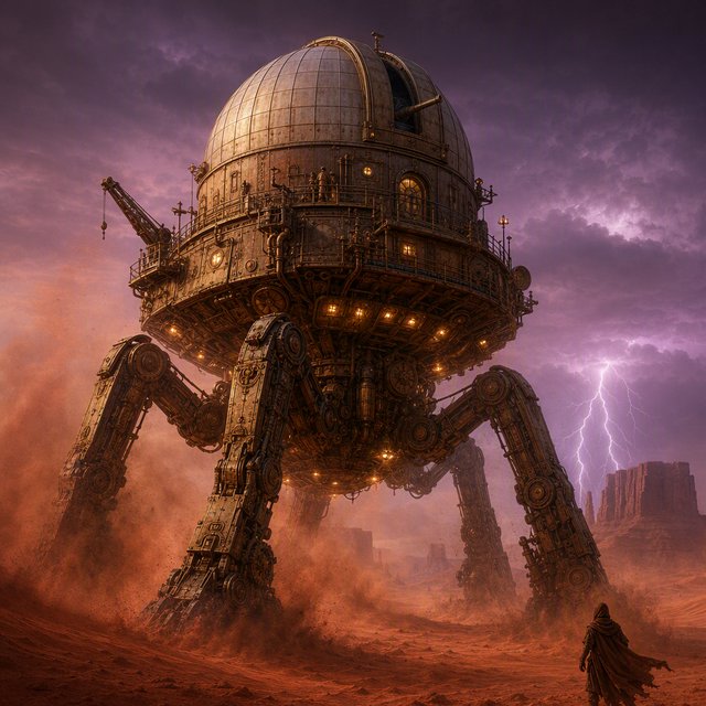 A colossal brass desert crawler carries an observatory dome across red dunes, its articulated legs striding through a sandstorm. Warm lamps glow beneath the hull while distant mesas fade into violet dusk and lightning illuminates the horizon. — GPT Image 2
