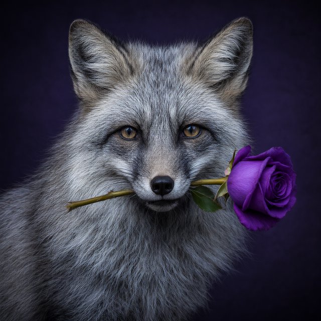 a silver fox holding a purple rose in its mouth, deep color, fantastical, intricate detail, splash screen, complementary colors, fantasy concept art — Model 17
