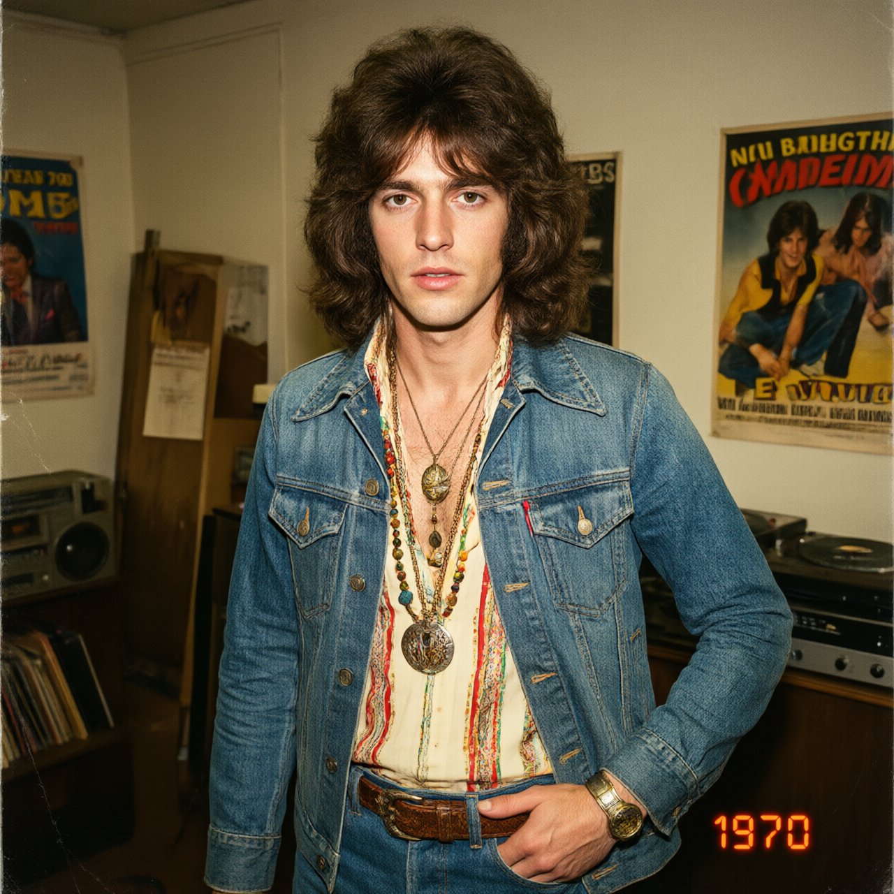 Create an image of a man in the quintessential style of 1975. Style his hair, clothing, accessories, and surroundings to reflect the distinctive look of the mid-1970s—featuring bold silhouettes, eye-catching accessories, layered details, and characteristic colors and textures. Give the image the feel of an authentic 1975 photograph, complete with analog film grain, faded colors, direct flash lighting, and a slight soft-focus effect. Add a period-accurate, red-orange date stamp in a 1970s style in one of the bottom corners. No recognizable posters. No modern objects or text. — Qwen Image 3.0