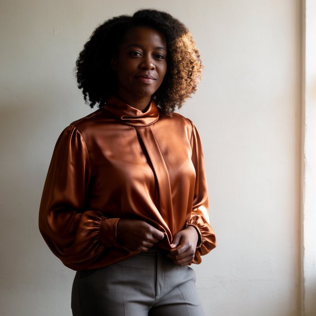 Portrait of an adult Black woman in her 50s wearing a pleated copper satin blouse and tailored charcoal trousers, her hands gently holding the blouse fabric, calm half-smile, warm plaster backdrop, late-afternoon window light grazing her face. — Krea 2 Large