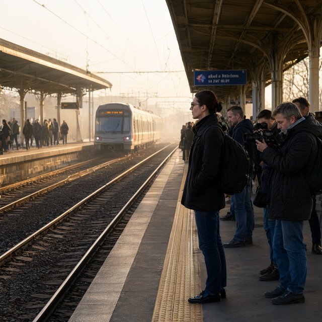 Across a broad station platform, adult commuters wait in loose clusters as a train approaches through pale dawn haze. A real-world press photograph uses a 135mm lens and deep focus; fine brake dust hangs in the sunlit air. — Qwen Image 3.0 Pro