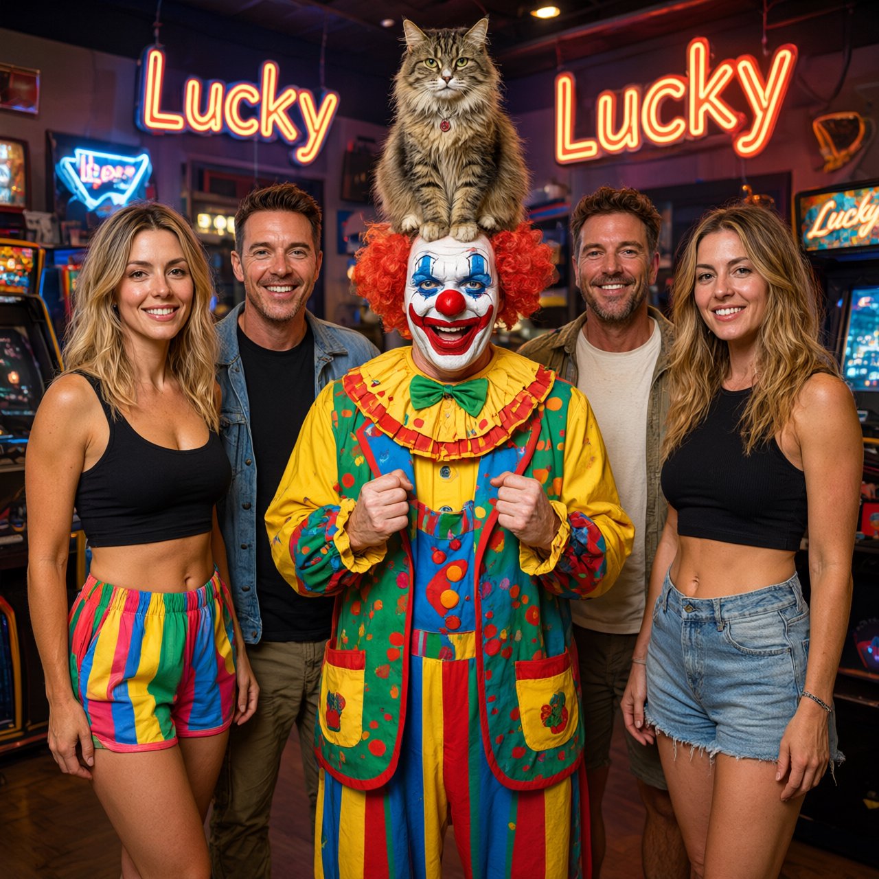 Realistic. Four to five adults having a very lucky day. One of the people is a clown with a very strange cat on their head. Another is wearing a black crop top and multicolored shorts. The word “Lucky” is seen at least twice in the background. — Qwen Image 3.0 Pro