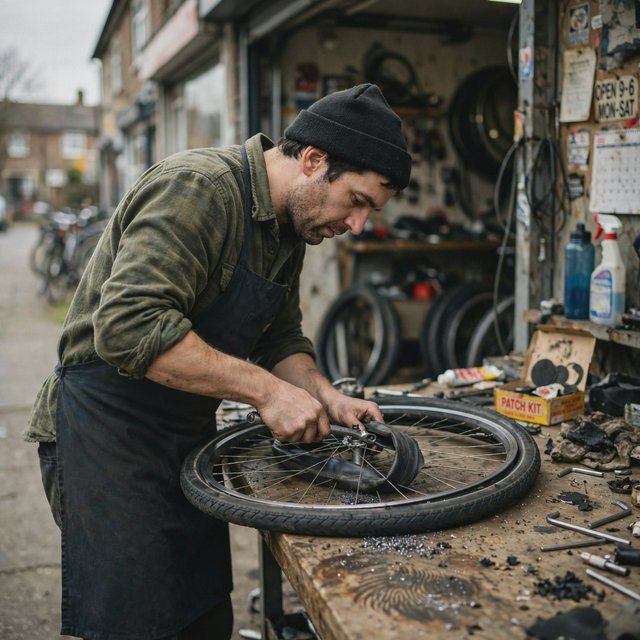 Candid documentary photograph of an adult bicycle mechanic repairing a flat tire outside a neighborhood workshop, soft overcast daylight, 35mm lens with moderate depth of field, greasy fingerprints, dust, and tiny metal shavings visible on the workbench. — Muse Image 1.0