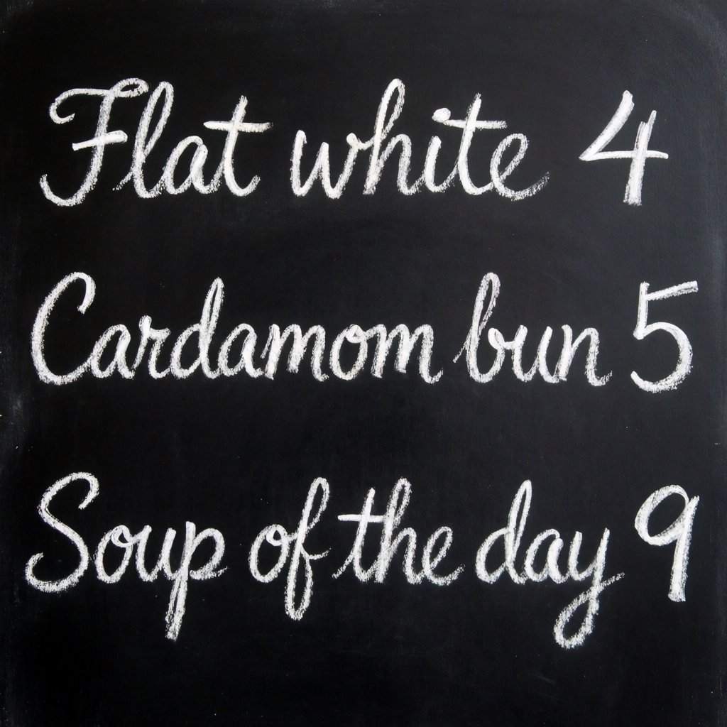 A café chalkboard listing exactly three items: "Flat white 4", "Cardamom bun 5", "Soup of the day 9", in neat chalk handwriting. — Krea 2 Medium